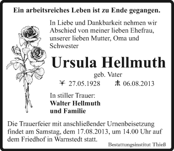 Traueranzeige von Ursula Hellmuth von Mitteldeutsche Zeitung Quedlinburg