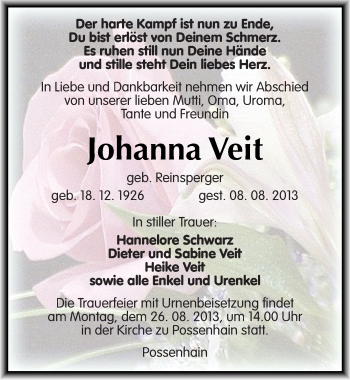 Traueranzeige von Johanna Veit von Mitteldeutsche Zeitung Naumburg/Nebra