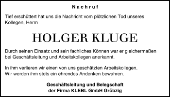 Traueranzeige von Holger Kluge von Mitteldeutsche Zeitung Köthen