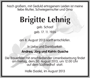 Traueranzeige von Brigitte Lehnig von Mitteldeutsche Zeitung Halle/Saalkreis