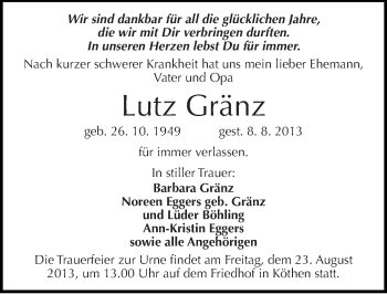 Traueranzeige von Lutz Gränz von Mitteldeutsche Zeitung Köthen