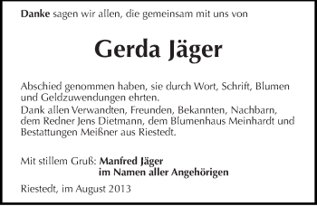 Traueranzeige von Gerda Jäger von Mitteldeutsche Zeitung Sangerhausen