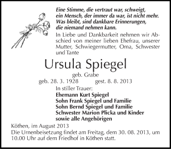 Traueranzeige von Ursula Spiegel von Mitteldeutsche Zeitung Köthen