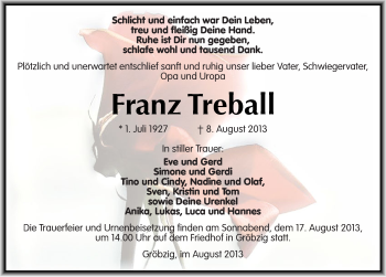 Traueranzeige von Franz Treball von Mitteldeutsche Zeitung Köthen