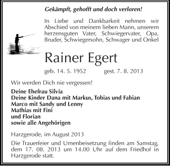 Traueranzeige von Rainer Egert von Mitteldeutsche Zeitung Quedlinburg