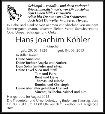 Traueranzeige von Hans Joachim Köhler von Mitteldeutsche Zeitung Quedlinburg