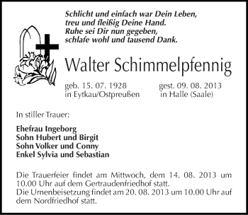 Traueranzeige von Walter Schimmelpfennig von Mitteldeutsche Zeitung Halle/Saalkreis