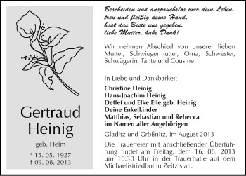 Traueranzeige von Gertraud Heinig von Mitteldeutsche Zeitung Zeitz