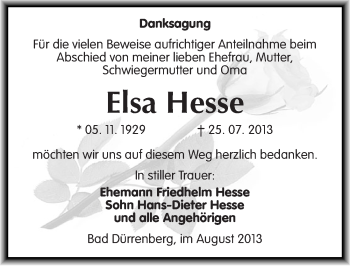 Traueranzeige von Elsa Hesse von Mitteldeutsche Zeitung Merseburg/Querfurt