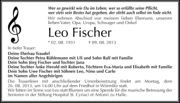 Traueranzeige von Leo Fischer von Mitteldeutsche Zeitung Halle/Saalkreis