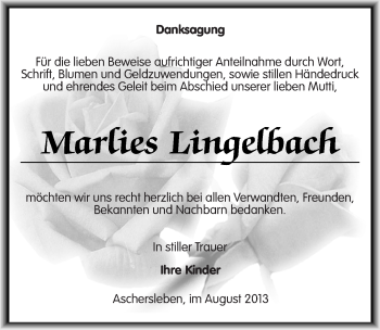 Traueranzeige von Marlies Lingelbach von Mitteldeutsche Zeitung Aschersleben