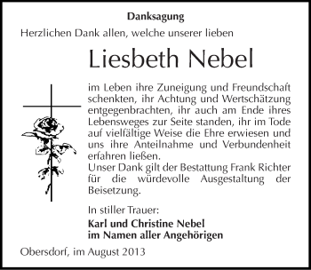 Traueranzeige von Liesbeth Nebel von Mitteldeutsche Zeitung Sangerhausen