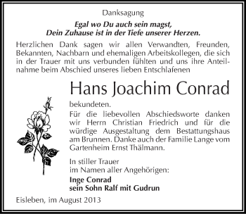 Traueranzeige von Hans Joachim Conrad von Mitteldeutsche Zeitung Mansfelder Land