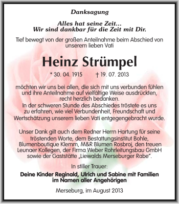 Traueranzeige von Heinz Strümpel von Mitteldeutsche Zeitung Merseburg/Querfurt