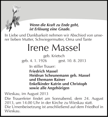 Traueranzeige von Irene Massel von Mitteldeutsche Zeitung Köthen