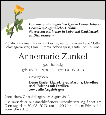 Traueranzeige von Annemarie Zunkel von Mitteldeutsche Zeitung Sangerhausen