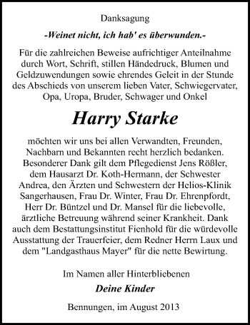Traueranzeige von Harry Starke von Mitteldeutsche Zeitung Sangerhausen
