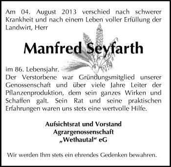Traueranzeige von Manfred Seyfarth von Mitteldeutsche Zeitung Naumburg/Nebra