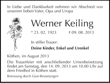 Traueranzeige von Werner Keiling von Mitteldeutsche Zeitung Köthen