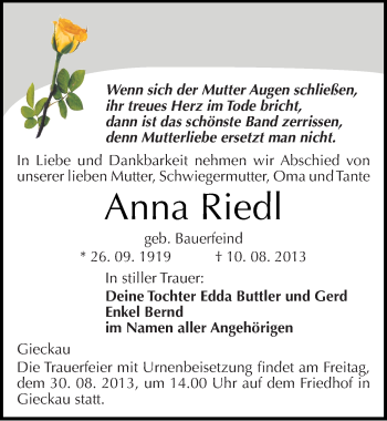 Traueranzeige von Anna Riedl von Mitteldeutsche Zeitung Naumburg/Nebra