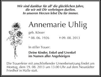 Traueranzeige von Annemarie Uhlig von Mitteldeutsche Zeitung Halle/Saalkreis