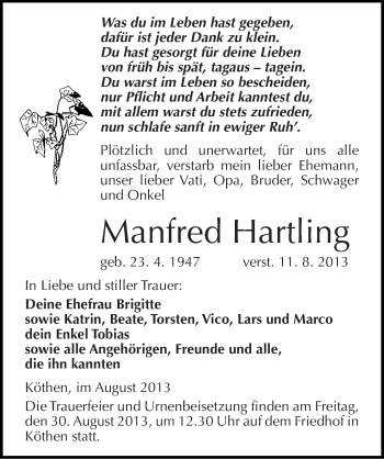 Traueranzeige von Manfred Hartling von Mitteldeutsche Zeitung Köthen