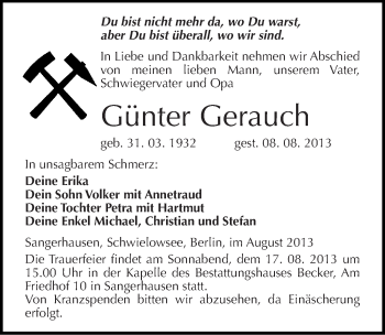 Traueranzeige von Günter Gerauch von Mitteldeutsche Zeitung Sangerhausen