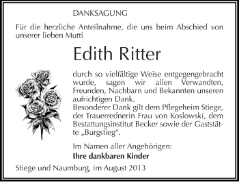 Traueranzeige von Edith Ritter von Mitteldeutsche Zeitung Naumburg/Nebra
