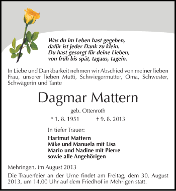 Traueranzeige von Dagmar Mattern von Mitteldeutsche Zeitung Aschersleben