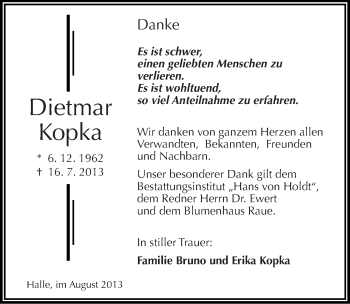 Traueranzeige von Dietmar Kopka von Mitteldeutsche Zeitung Halle/Saalkreis