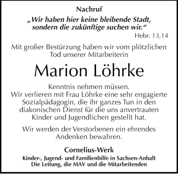 Traueranzeige von Marion Löhrke von Mitteldeutsche Zeitung Aschersleben