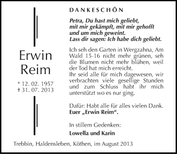 Traueranzeige von Erwin Reim von Mitteldeutsche Zeitung Wittenberg