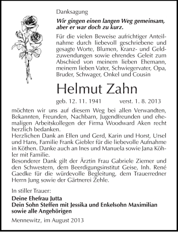 Traueranzeige von Helmut Zahn von Mitteldeutsche Zeitung Köthen