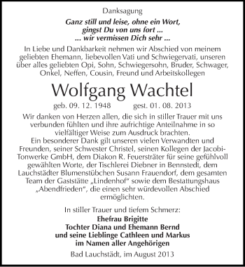 Traueranzeige von Wolfgang Wachtel von Mitteldeutsche Zeitung Merseburg/Querfurt