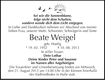 Traueranzeige von Beate Weigel von Mitteldeutsche Zeitung Halle/Saalkreis