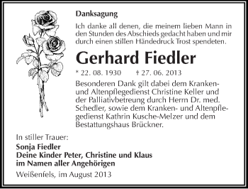 Traueranzeige von Gerhard Fiedler von Mitteldeutsche Zeitung Weißenfels