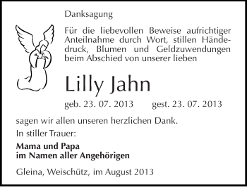 Traueranzeige von Lilly Jahn von Mitteldeutsche Zeitung Naumburg/Nebra