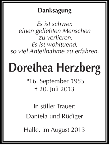 Traueranzeige von Dorethea Herzberg von Mitteldeutsche Zeitung Halle/Saalkreis