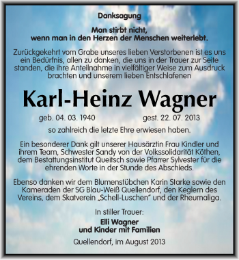 Traueranzeige von Karl-Heinz Wagner von Mitteldeutsche Zeitung Köthen