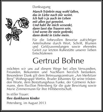 Traueranzeige von Gertrud Bohne von Mitteldeutsche Zeitung Halle/Saalkreis