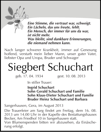 Traueranzeige von Siegbert Schuchart von Mitteldeutsche Zeitung Sangerhausen