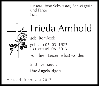 Traueranzeige von Frieda Arnhold von Mitteldeutsche Zeitung Mansfelder Land