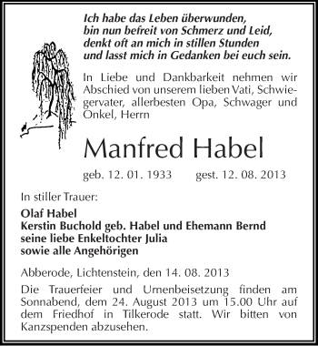 Traueranzeige von Manfred Habel von Mitteldeutsche Zeitung Mansfelder Land