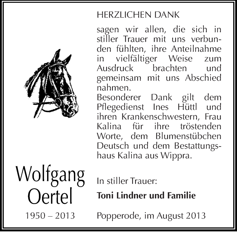  Traueranzeige für Wolfgang Oertel vom 14.08.2013 aus Mitteldeutsche Zeitung Mansfelder Land