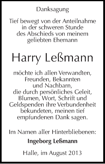 Traueranzeige von Harry Leßmann von Mitteldeutsche Zeitung Halle/Saalkreis