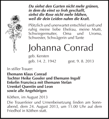 Traueranzeige von Johanna Conrad von Mitteldeutsche Zeitung Köthen