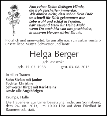 Traueranzeige von Helga Berger von Mitteldeutsche Zeitung