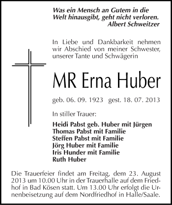 Traueranzeige von Erna Huber von Mitteldeutsche Zeitung Naumburg/Nebra