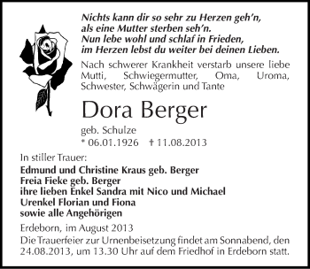 Traueranzeige von Dora Berger von Mitteldeutsche Zeitung Mansfelder Land