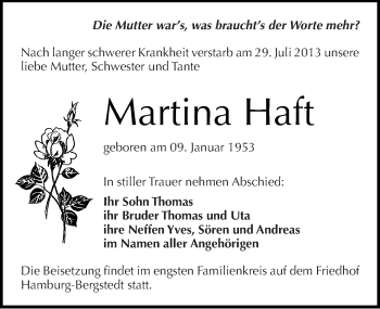 Traueranzeige von Martina Haft von Mitteldeutsche Zeitung Halle/Saalkreis